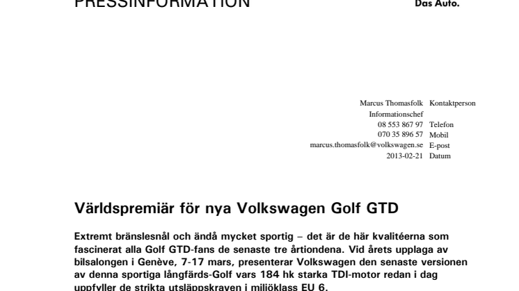 Världspremiär för nya Volkswagen Golf GTD