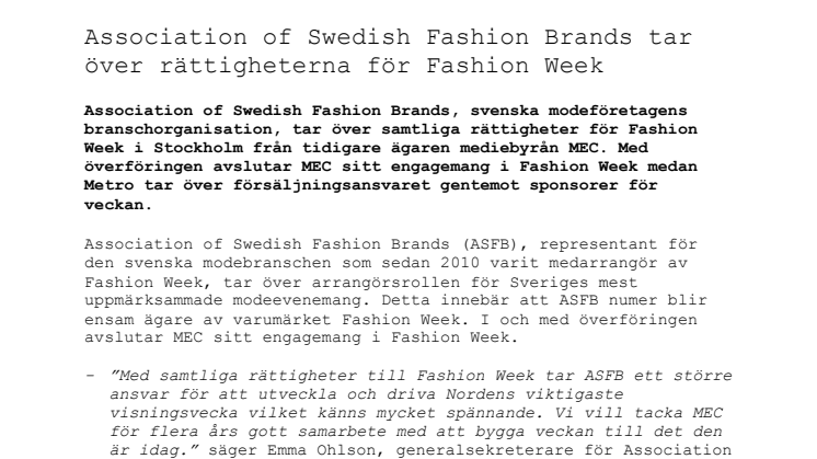 Association of Swedish Fashion Brands tar över rättigheterna för Fashion Week