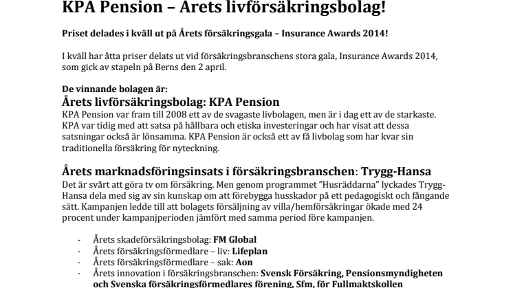 KPA Pension – Årets livförsäkringsbolag! Priset delades i kväll ut på Årets försäkringsgala – Insurance Awards 2014!