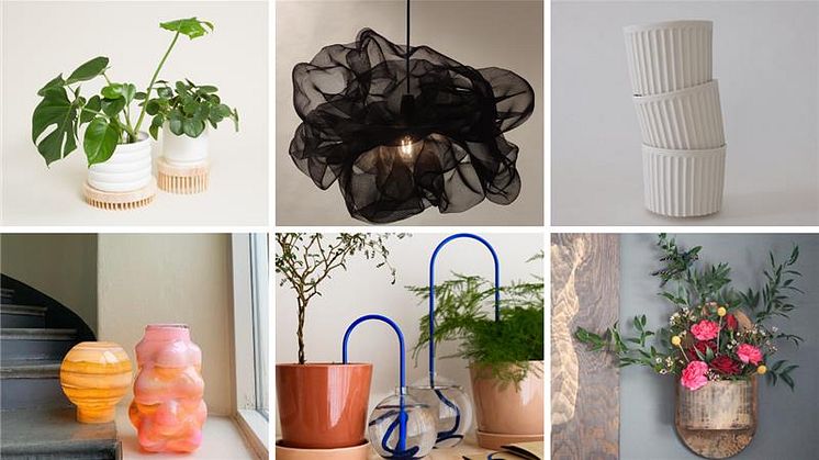 Krukor-Studio Sterner, lampa-MADE IN GBG, skålar–Tilde Ullberg, glasskulpturer–Artandbottles, blomhållarna–Plantstraws, träblomhållare-Rum och Flora