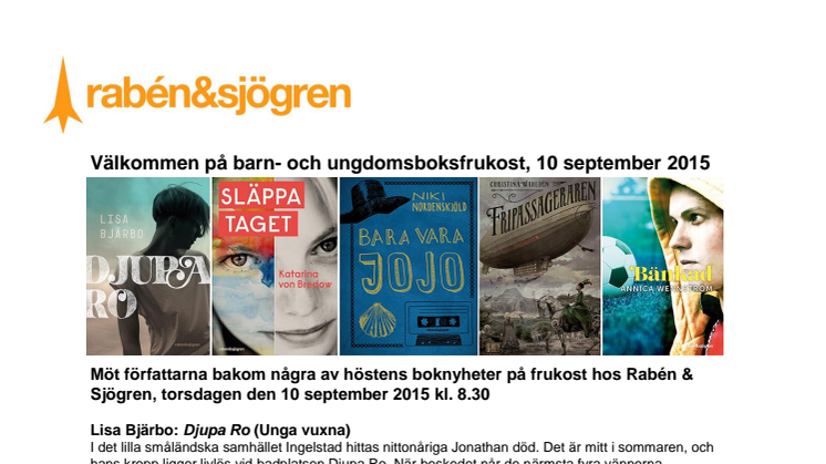 Rabén & Sjögren bjuder på ungdomsboksfrukost den 10 september 2015