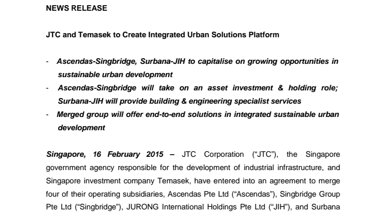 JTC and Temasek to Create Integrated Urban Solutions Platform