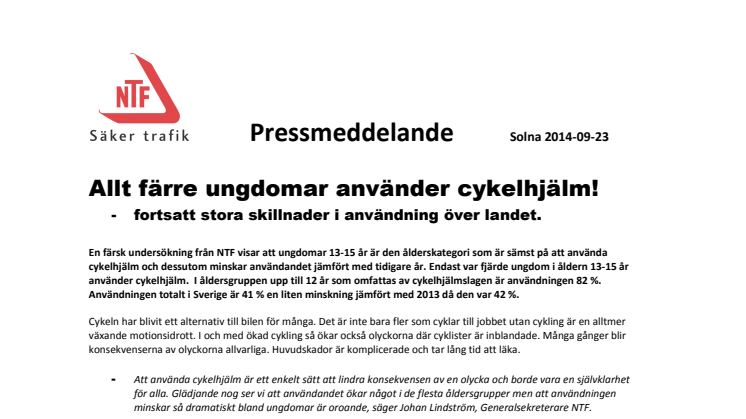 Allt färre ungdomar använder cykelhjälm!