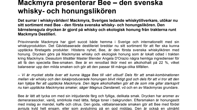 Mackmyra presenterar Bee – den svenska whisky- och honungslikören