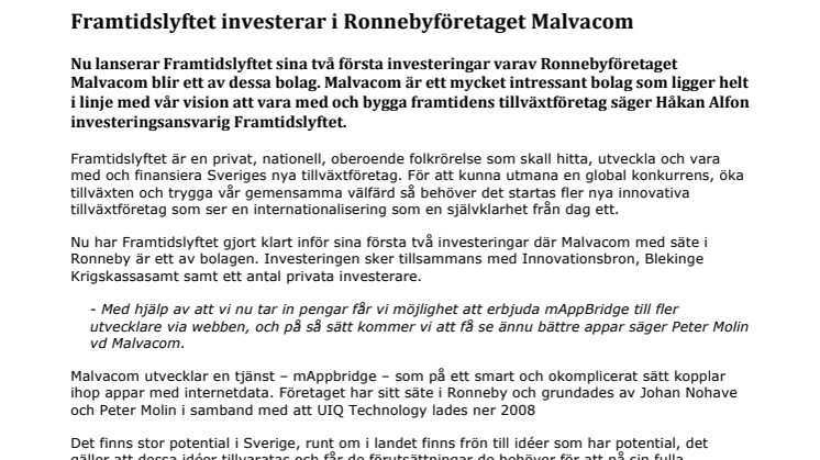 Framtidslyftet investerar i Ronnebyföretaget Malvacom