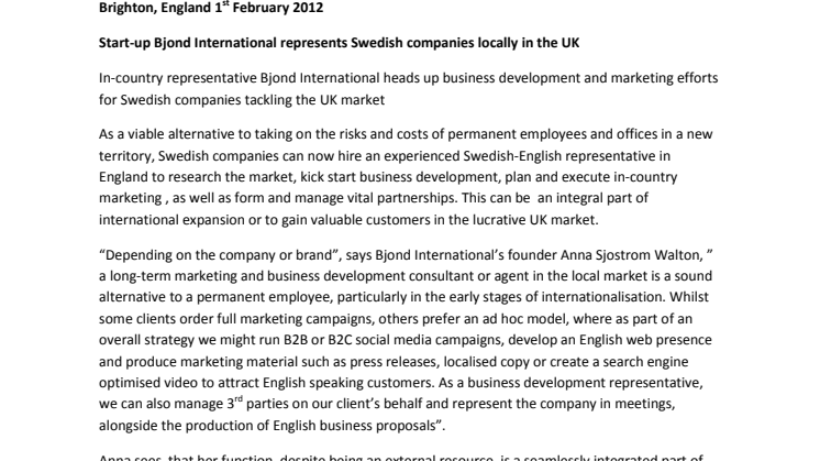 Start-up Bjond International represents Swedish companies locally in the UK