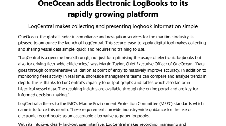 OneOcean adds Electronic LogBooks to its  rapidly growing platform 