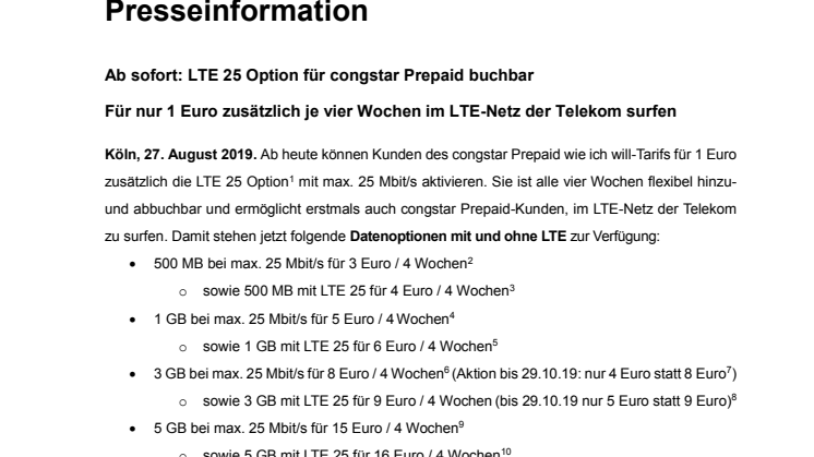 Ab sofort: LTE 25 Option für congstar Prepaid buchbar