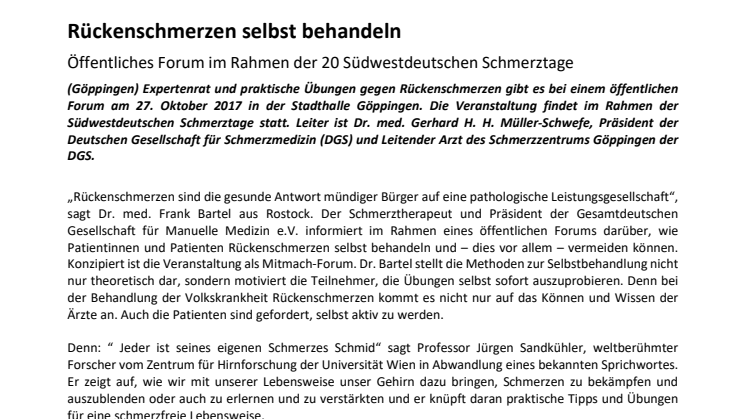 Pressemitteilung zum Patientenforum 2017 anlässlicher der 20. Südwestdeutschen Schmerztage