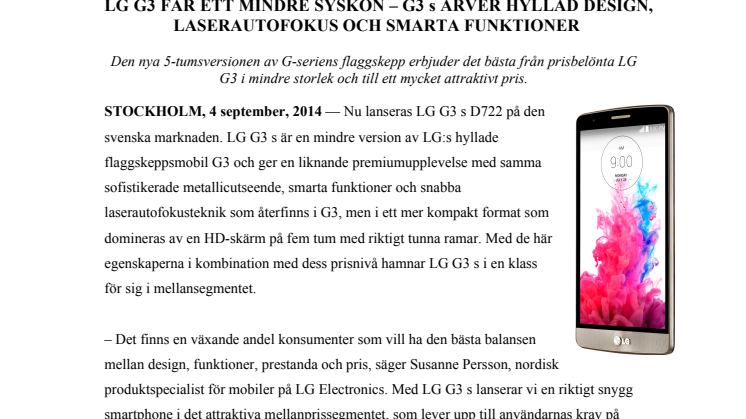 LG G3 FÅR ETT MINDRE SYSKON – G3 s ÄRVER HYLLAD DESIGN, LASERAUTOFOKUS OCH SMARTA FUNKTIONER