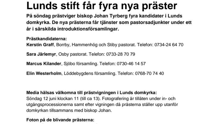 Lunds stift får fyra nya präster