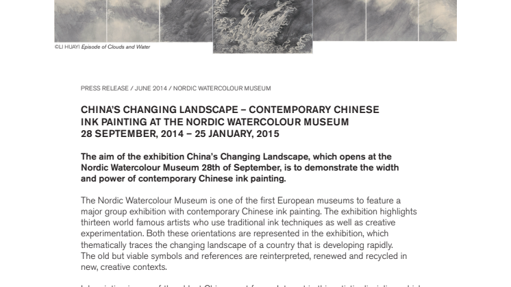 Inbjudan till pressvisning av höstens utställning på Nordiska Akvarellmuseet – Kinas landskap i förändring / 28.9 2014-25.1 2015