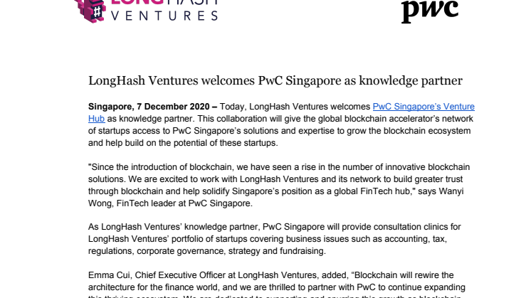 LongHash Ventures welcomes PwC Singapore as knowledge partner