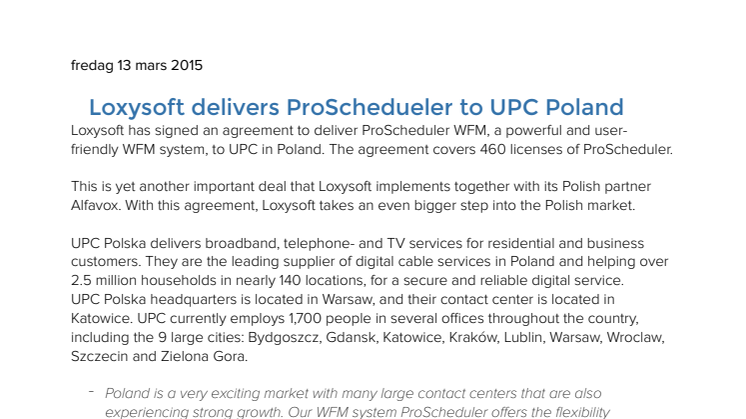 Loxysoft delivers ProScheduler to UPC Poland