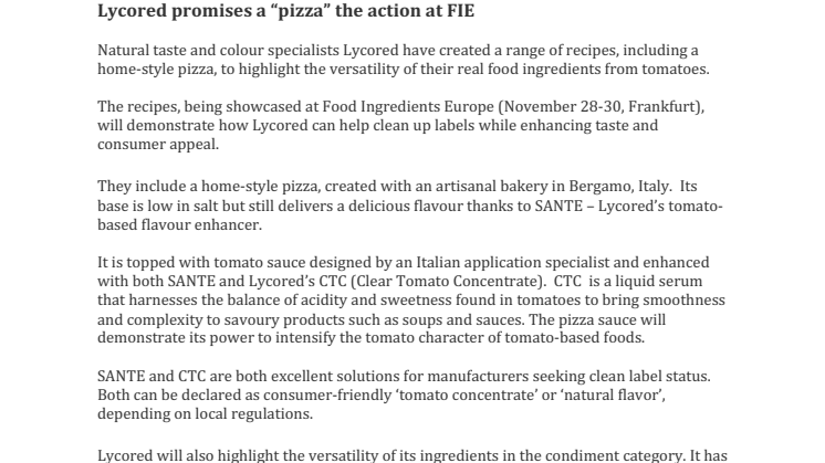 PRESS RELEASE: Lycored promises a “pizza” the action at FIE