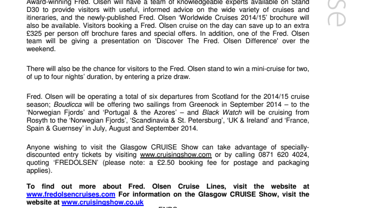 Join ‘Best Affordable Cruise Line’ Fred. Olsen Cruise Lines  at the Glasgow Telegraph CRUISE Show 2013 