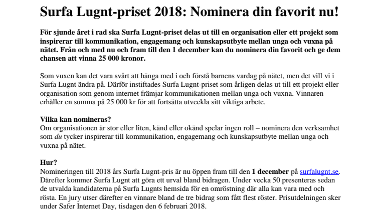 Surfa Lugnt-priset 2018: Nominera din favorit nu!