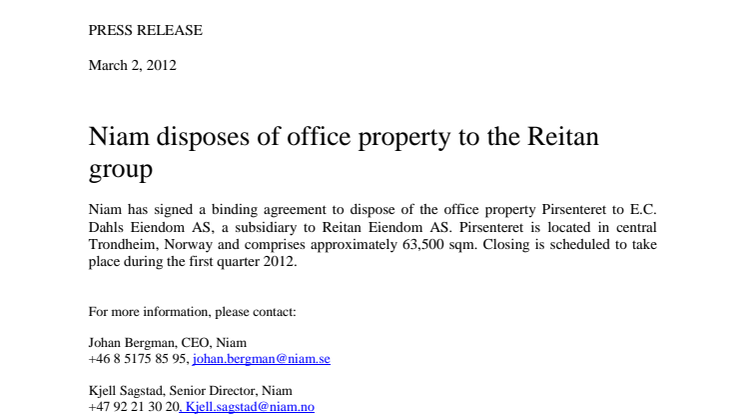 Niam disposes of office property to the Reitan group