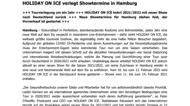 HOLIDAY ON ICE verlegt Showtermine in Hamburg
