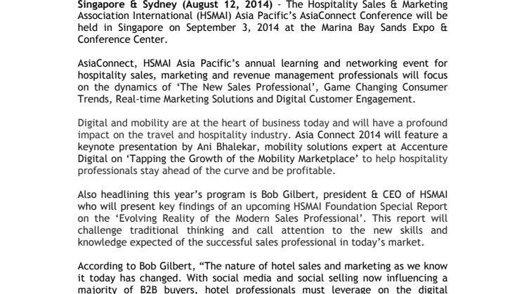 HSMAI Celebrates A Decade of Learning, Networking & Growth in Asia Pacific with its 10th Annual AsiaConnect Conference at  Marina Bay Sands Singapore 