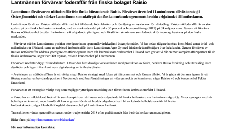 Lantmännen förvärvar foderaffär från finska bolaget Raisio