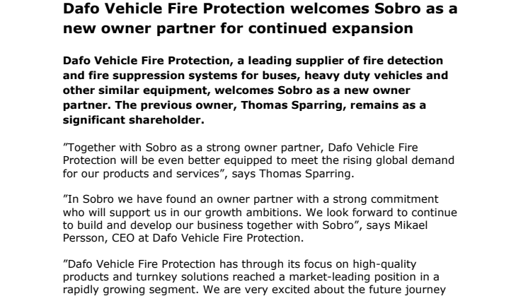 Dafo Vehicle Fire Protection welcomes Sobro as a new owner partner for continued expansion