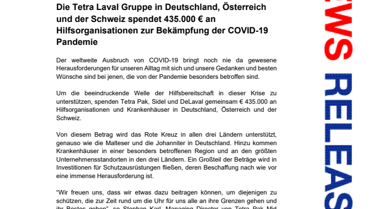 Die Tetra Laval Gruppe in Deutschland, Österreich und der Schweiz spendet 435.000 € an Hilfsorganisationen zur Bekämpfung der COVID-19 Pandemie