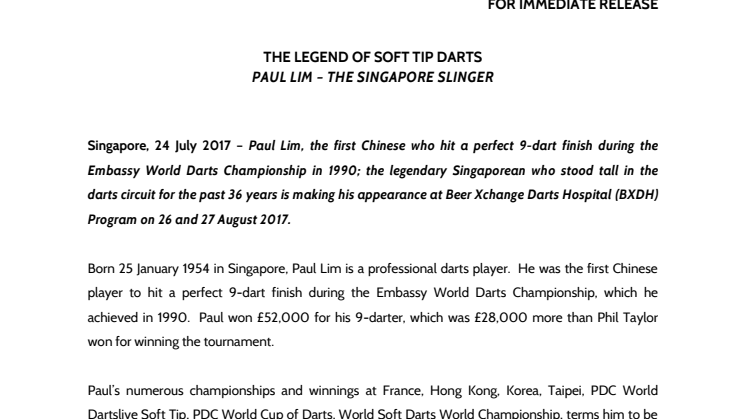 <CLARKE QUAY> THE LEGEND OF SOFT TIP DARTS PAUL LIM – THE SINGAPORE SLINGER AT BEER XCHANGE