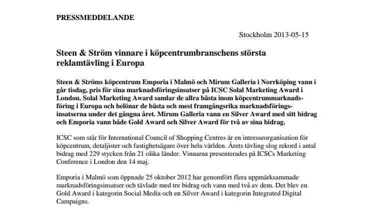 Steen & Ström vinnare i köpcentrumbranschens största reklamtävling i Europa