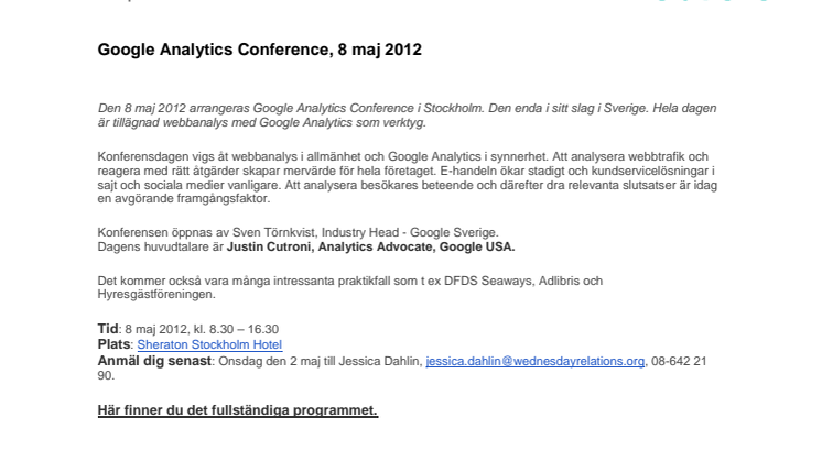 Pressinbjudan Google Analytics Conference Sveriges 2012