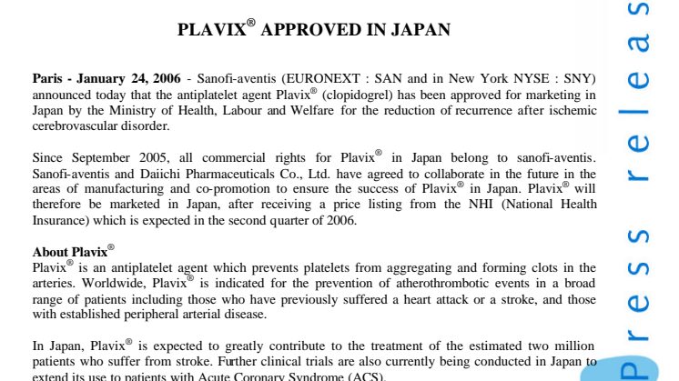 PLAVIX® APPROVED IN JAPAN