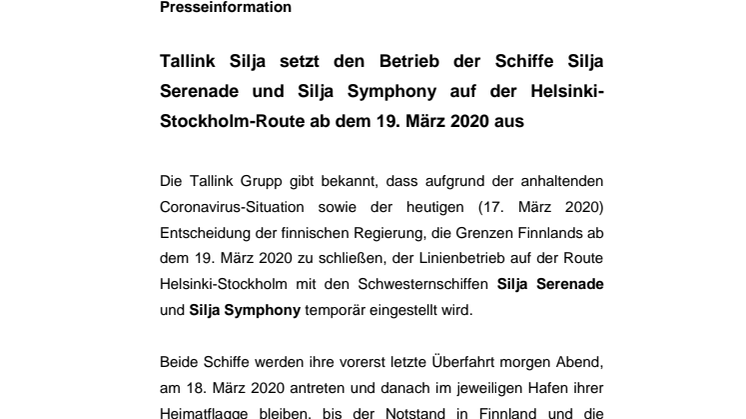 Tallink Silja setzt den Betrieb der Schiffe Silja Serenade und Silja Symphony auf der Helsinki-Stockholm-Route ab dem 19. März 2020 aus