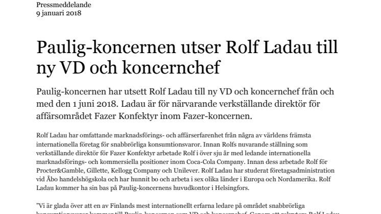 Paulig-koncernen utser Rolf Ladau till ny VD och koncernchef