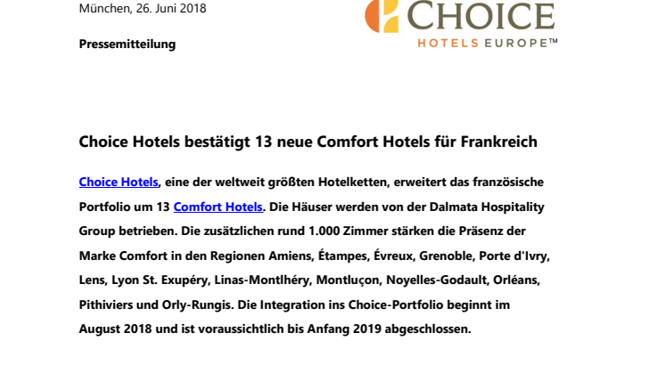 Choice Hotels bestätigt 13 neue Comfort Hotels für Frankreich 