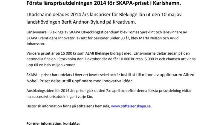 Första länsprisutdelningen 2014 för SKAPA-priset i Karlshamn