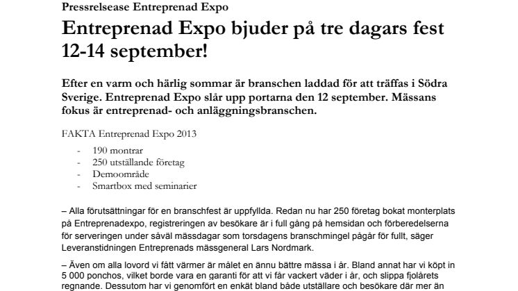 Entreprenad Expo bjuder på tre dagars fest 12-14 september!