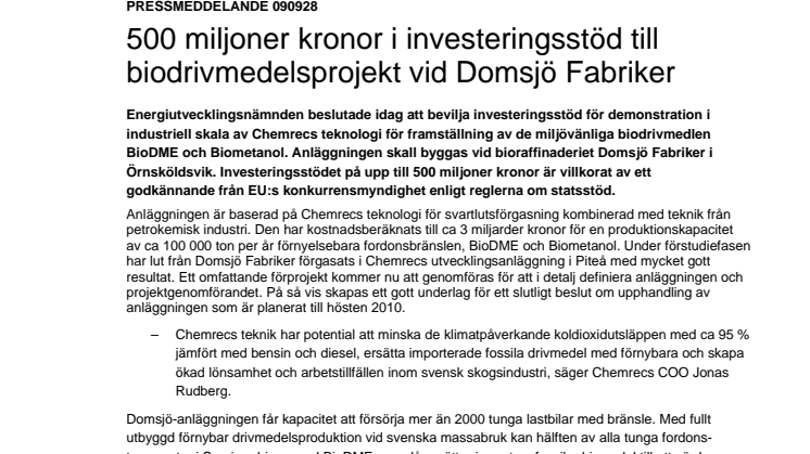 500 miljoner kronor i investeringsstöd till biodrivmedelsprojekt vid Domsjö Fabriker 
