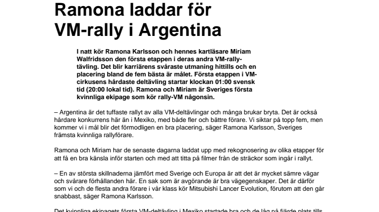 Ramona laddar för VM-rally i Argentina 