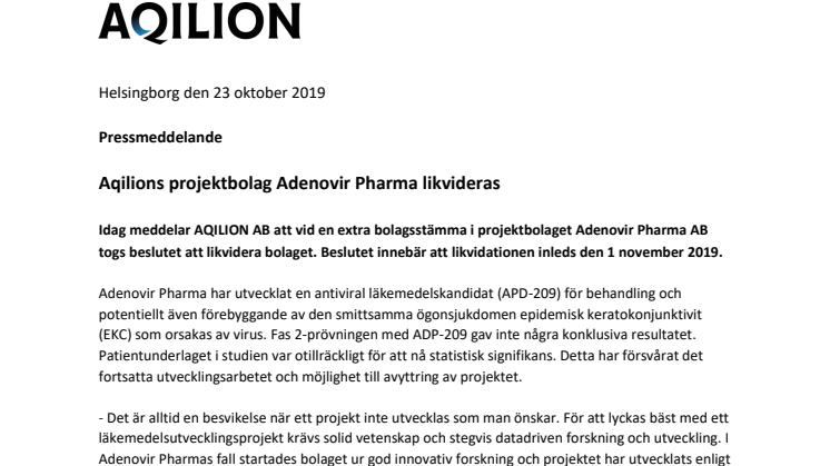 Aqilions projektbolag Adenovir Pharma likvideras