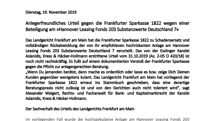 Anlegerfreundliches Urteil gegen die Frankfurter Sparkasse 1822 wegen einer Beteiligung am »Hannover Leasing Fonds 203 Substanzwerte Deutschland 7«