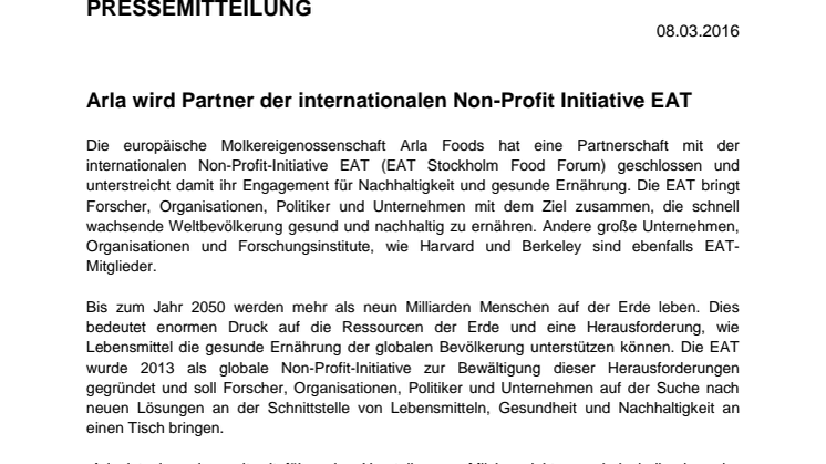 Arla wird Partner der internationalen Non-Profit Initiative EAT