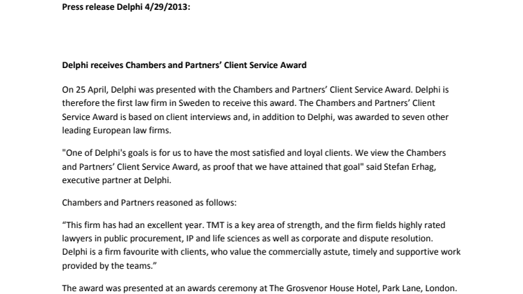 Delphi receives Chambers and Partners’ Client Service Award 