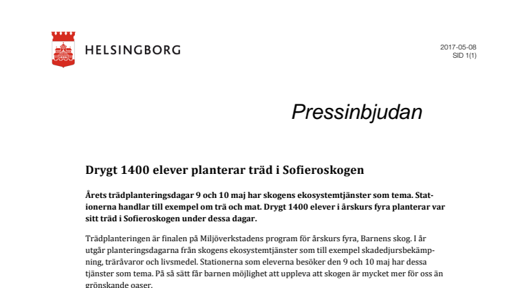Pressinbjudan: Drygt 1400 elever planterar träd i Sofieroskogen