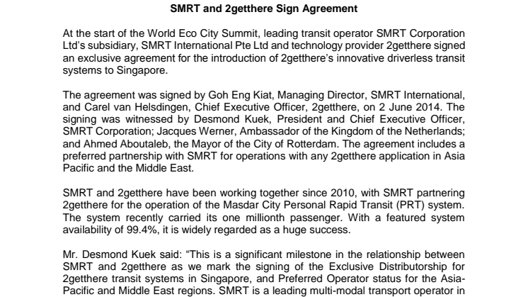 SMRT and 2getthere Sign Agreement
