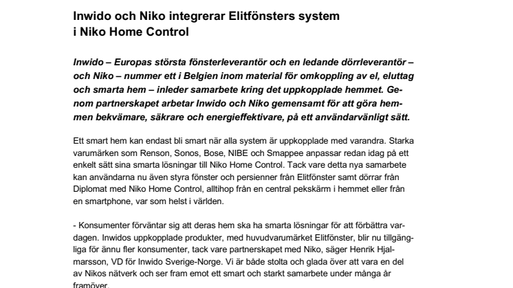 Inwido och Niko integrerar Elitfönsters system i Niko Home Control