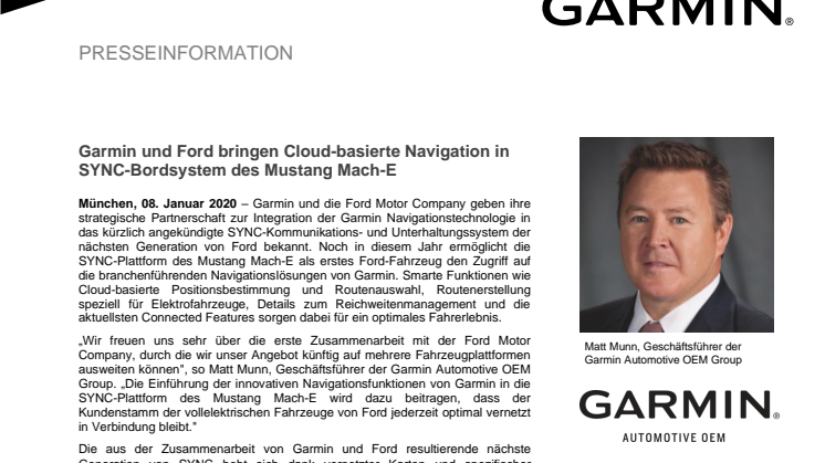 Garmin und Ford bringen Cloud-basierte Navigation in SYNC-Bordsystem des Mustang Mach-E 