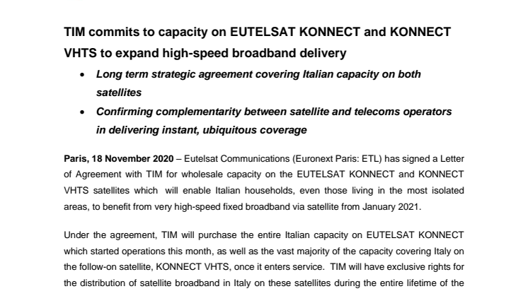 TIM commits to capacity on EUTELSAT KONNECT and KONNECT VHTS to expand high-speed broadband delivery