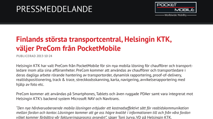 Finlands största transportcentral, Helsingin KTK, väljer PreCom från PocketMobile
