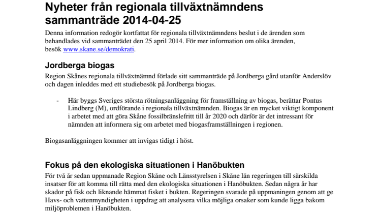 Pressinformation från regionala tillväxtnämnden 2014-04-25