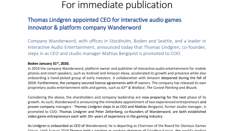 Thomas Lindgren appointed CEO for interactive audio games innovator & platform company Wanderword